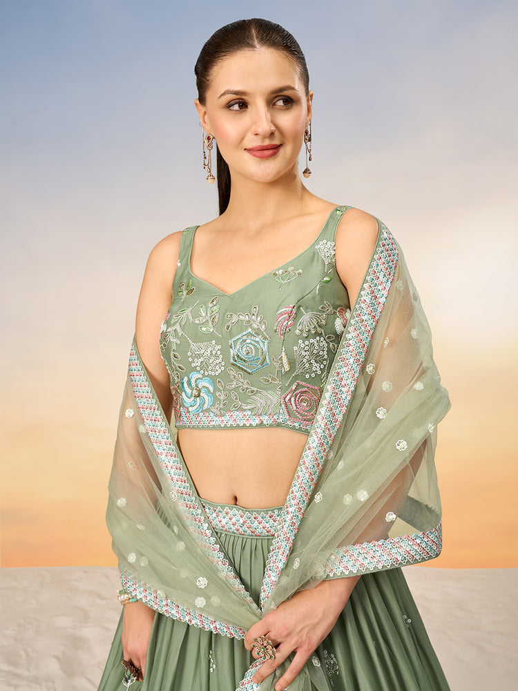 Sage Green Floral Embroidered Lehenga Set