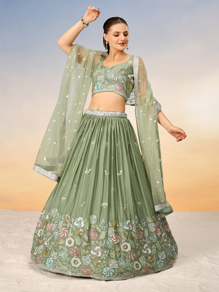 Sage Green Floral Embroidered Lehenga Set