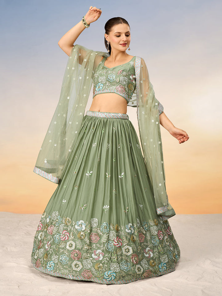 Sage Green Floral Embroidered Lehenga Set
