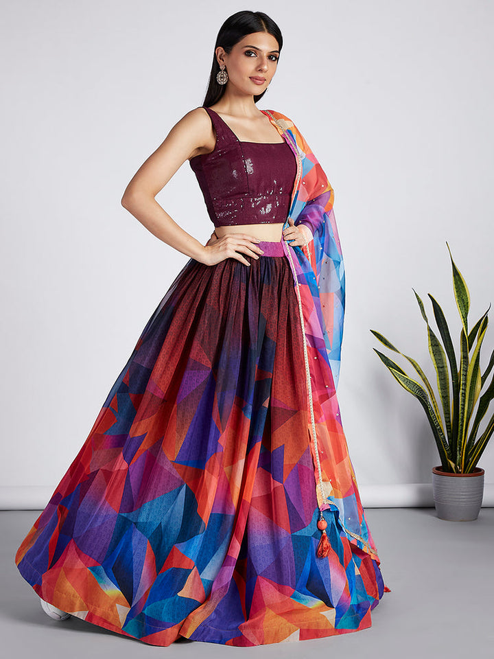 Multicolor Geometric Printed Lehenga Set with Wine Sequin Blouse