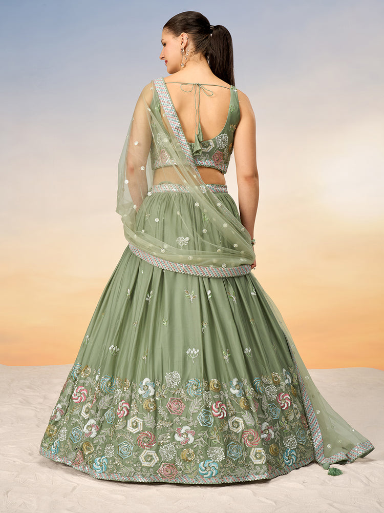 Sage Green Floral Embroidered Lehenga Set