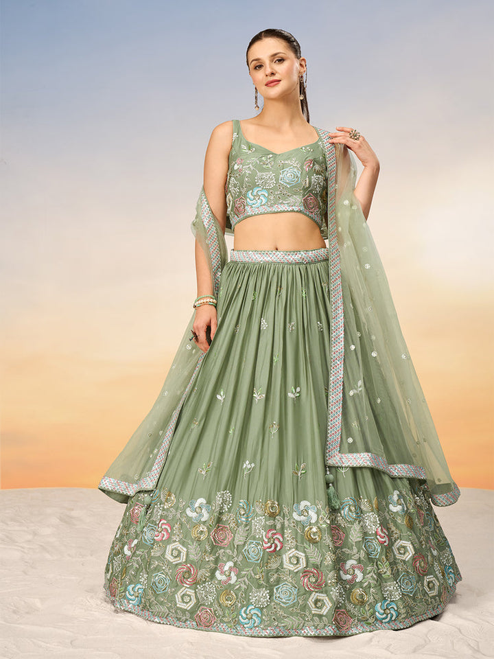 Sage Green Floral Embroidered Lehenga Set