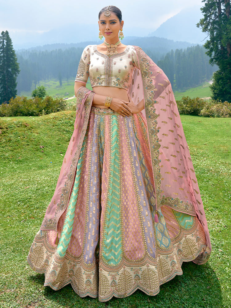 Pastel Multicolor Panel Embroidered Lehenga Set