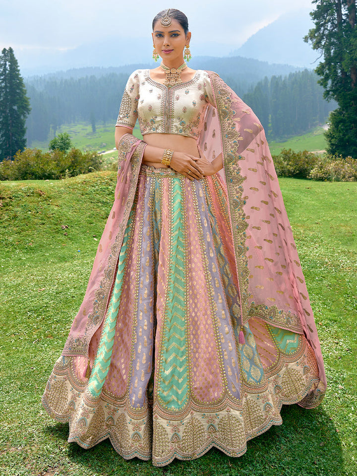 Pastel Multicolor Panel Embroidered Lehenga Set