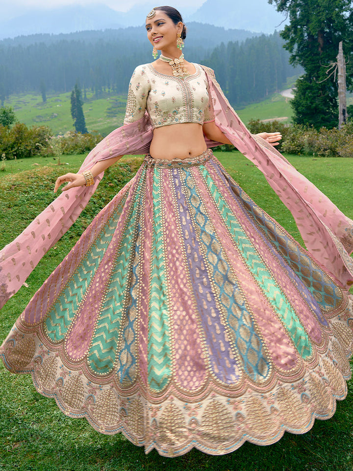 Pastel Multicolor Panel Embroidered Lehenga Set
