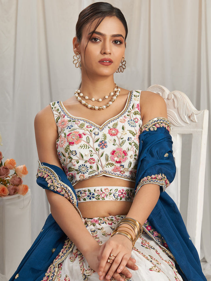 Ivory Floral Embroidered Lehenga Set with Royal Blue Dupatta