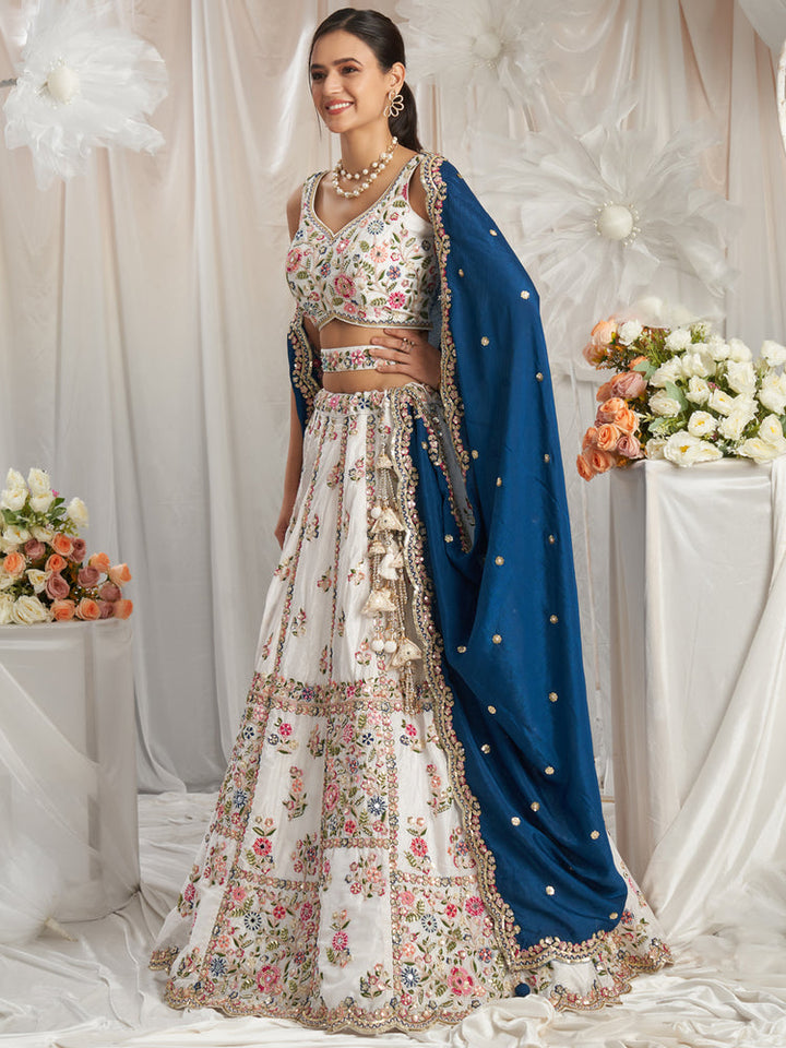 Ivory Floral Embroidered Lehenga Set with Royal Blue Dupatta