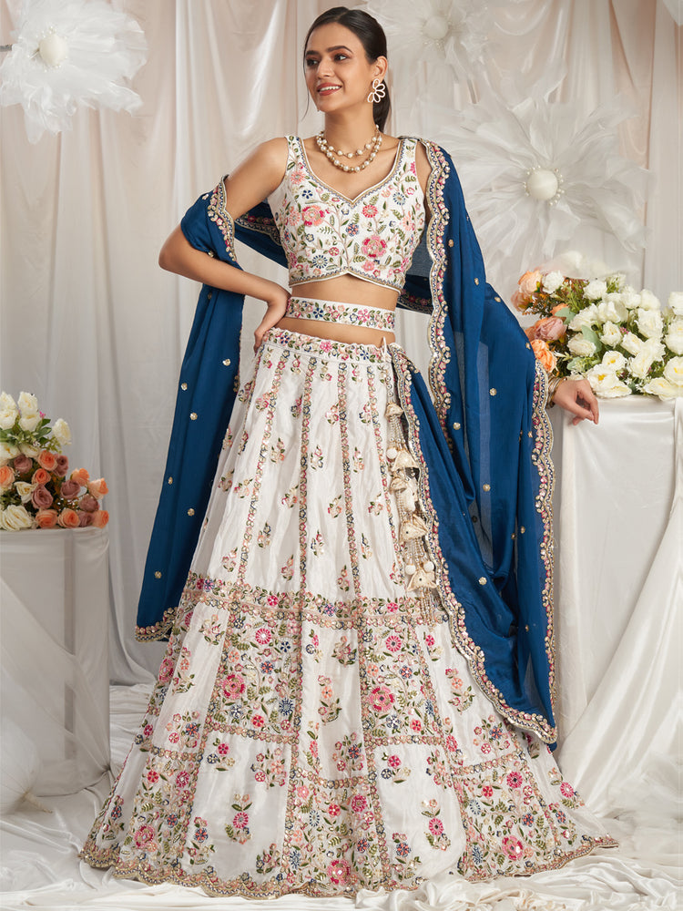 Ivory Floral Embroidered Lehenga Set with Royal Blue Dupatta