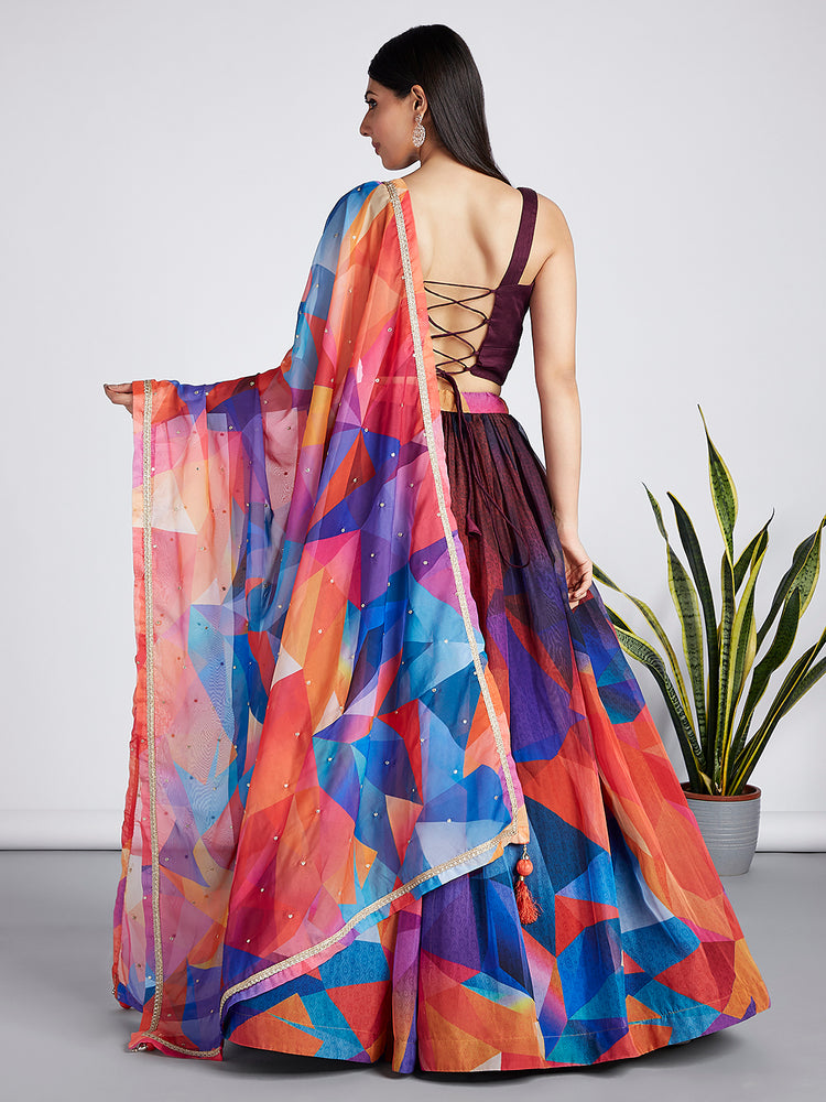 Multicolor Geometric Printed Lehenga Set with Wine Sequin Blouse