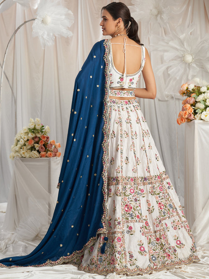 Ivory Floral Embroidered Lehenga Set with Royal Blue Dupatta