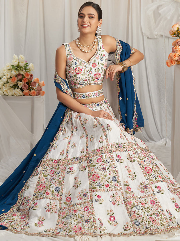 Ivory Floral Embroidered Lehenga Set with Royal Blue Dupatta
