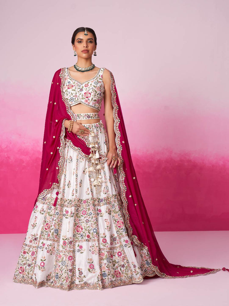 Ivory Floral Embroidered Lehenga Set with Fuchsia Dupatta