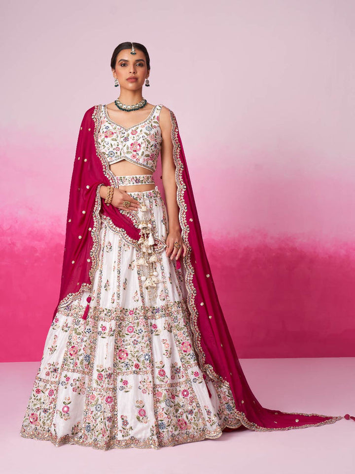 Ivory Floral Embroidered Lehenga Set with Fuchsia Dupatta