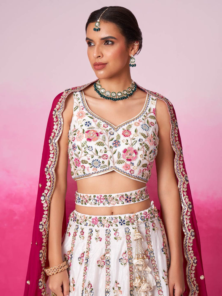 Ivory Floral Embroidered Lehenga Set with Fuchsia Dupatta