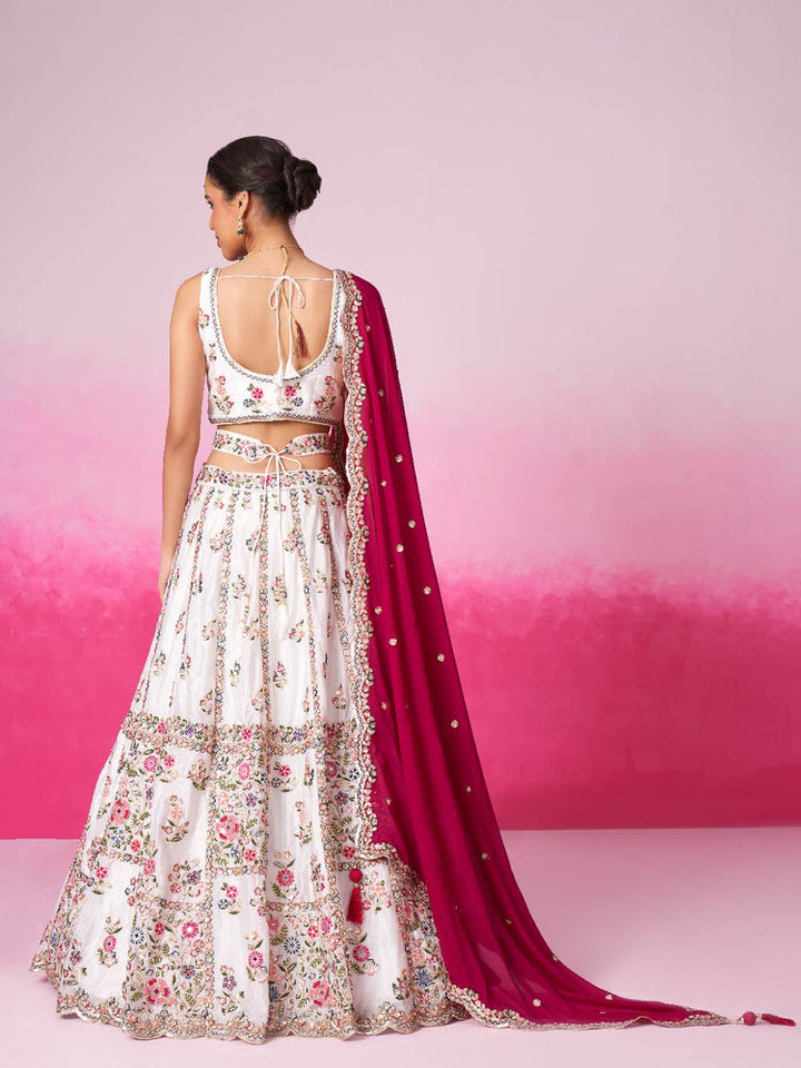 Ivory Floral Embroidered Lehenga Set with Fuchsia Dupatta