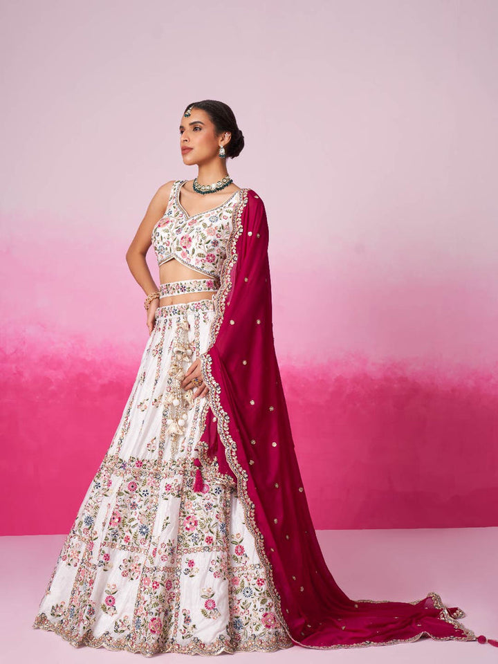Ivory Floral Embroidered Lehenga Set with Fuchsia Dupatta
