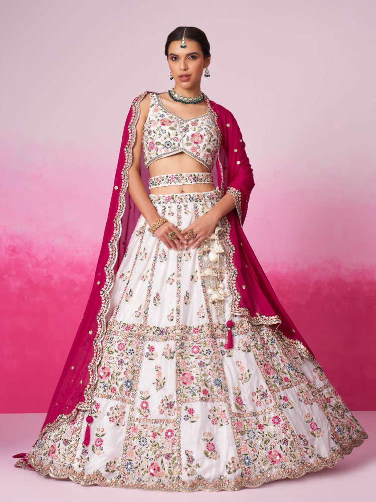 Ivory Floral Embroidered Lehenga Set with Fuchsia Dupatta