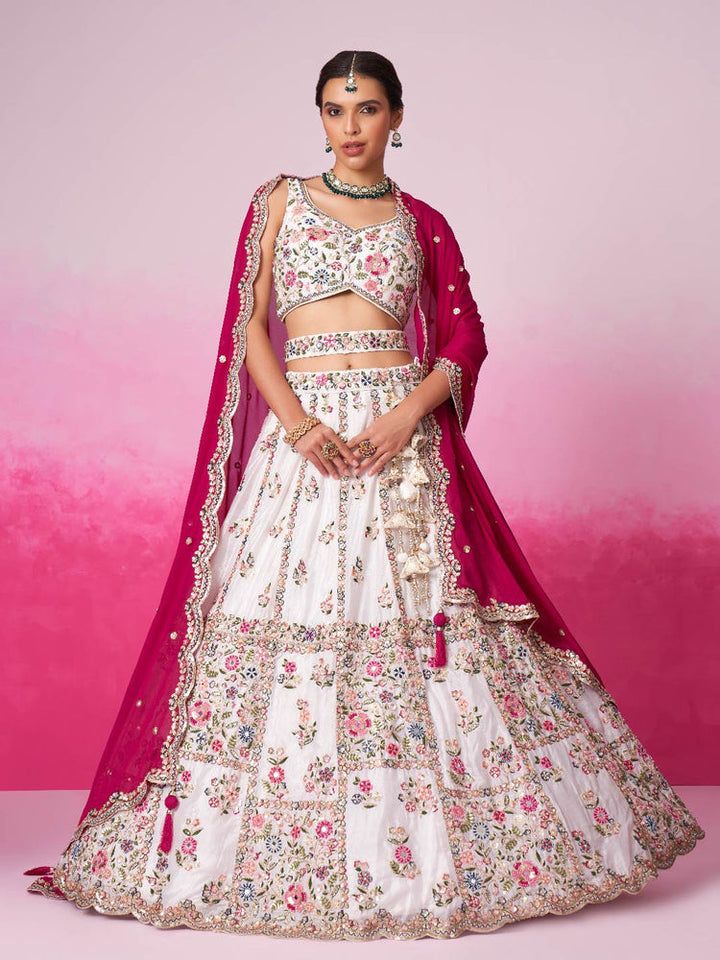Ivory Floral Embroidered Lehenga Set with Fuchsia Dupatta