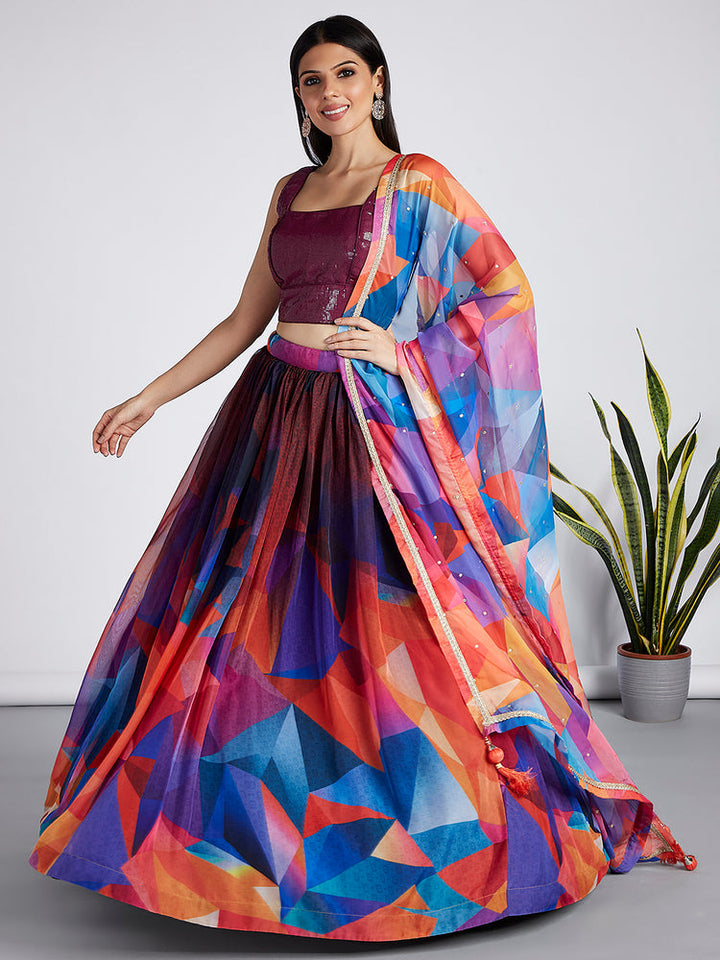Multicolor Geometric Printed Lehenga Set with Wine Sequin Blouse
