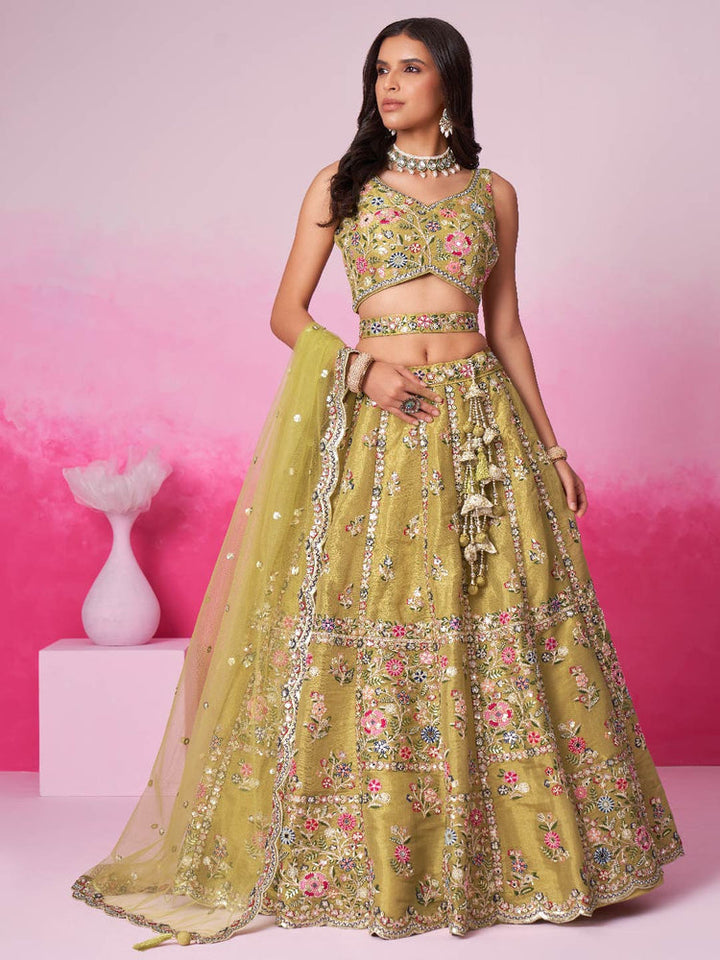 Olive Green Floral Embroidered Lehenga Set
