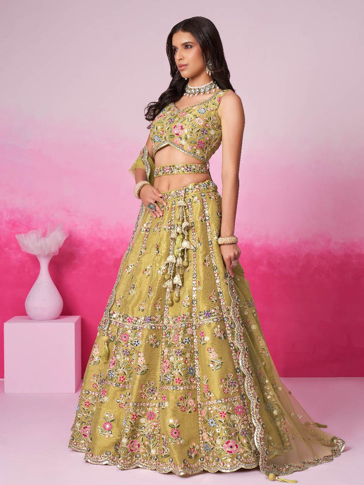 Olive Green Floral Embroidered Lehenga Set