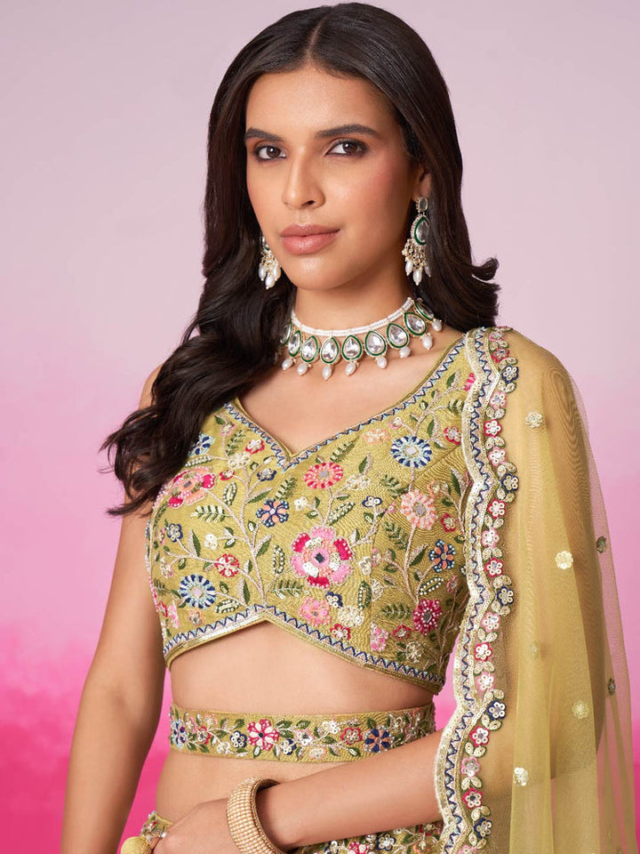 Olive Green Floral Embroidered Lehenga Set