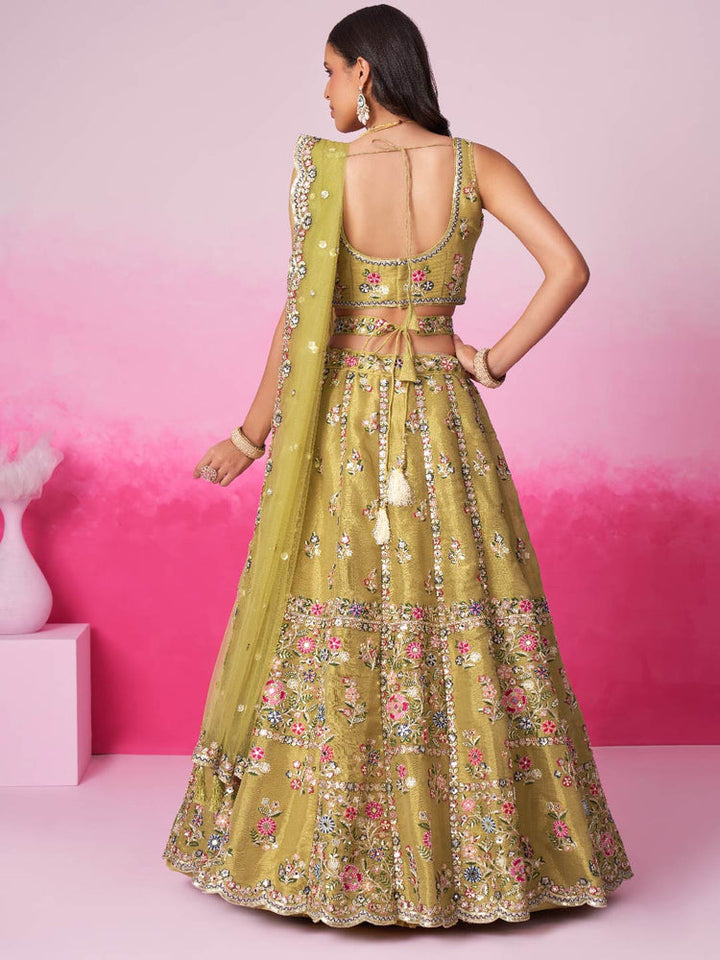 Olive Green Floral Embroidered Lehenga Set