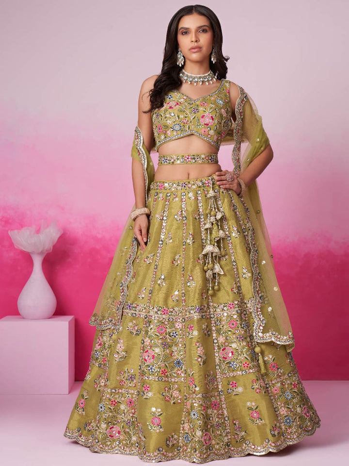 Olive Green Floral Embroidered Lehenga Set