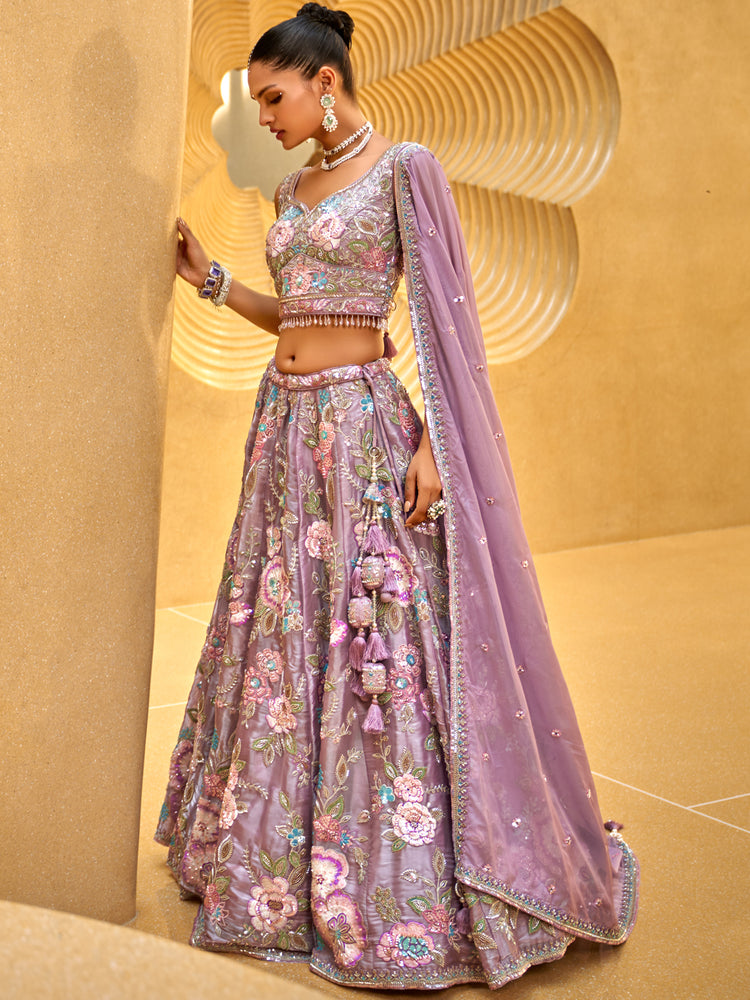 Mauve Floral Embroidered Lehenga Set