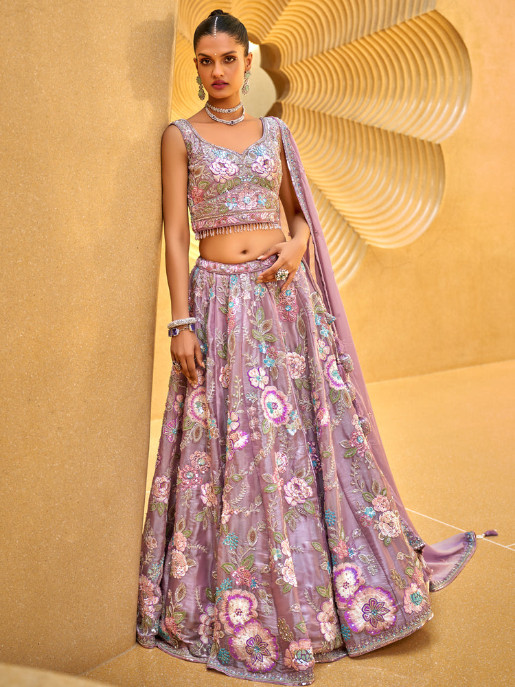 Mauve Floral Embroidered Lehenga Set