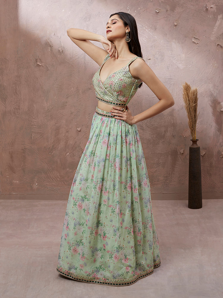 Mint Green Floral Printed Lehenga Set with Embellished Blouse