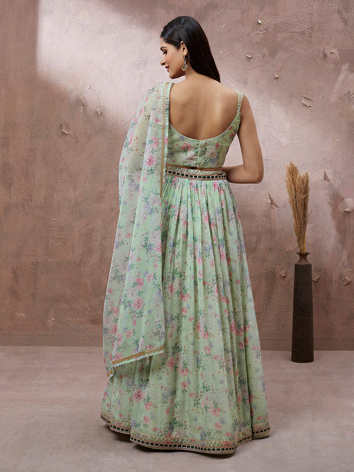 Mint Green Floral Printed Lehenga Set with Embellished Blouse
