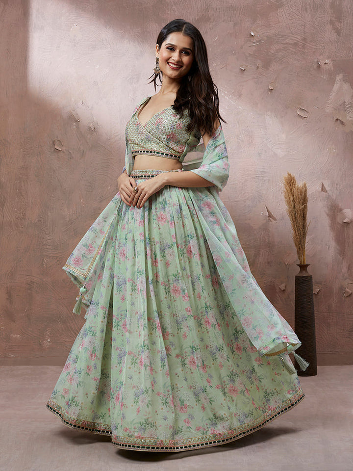 Mint Green Floral Printed Lehenga Set with Embellished Blouse