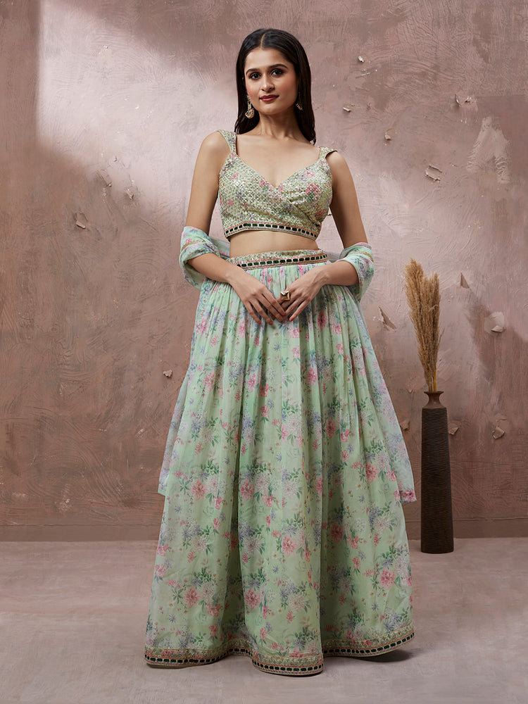 Mint Green Floral Printed Lehenga Set with Embellished Blouse