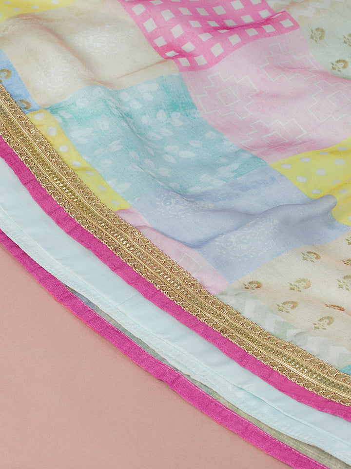 Multicolor Patchwork Printed Lehenga Set with Pink Embellished Blouse