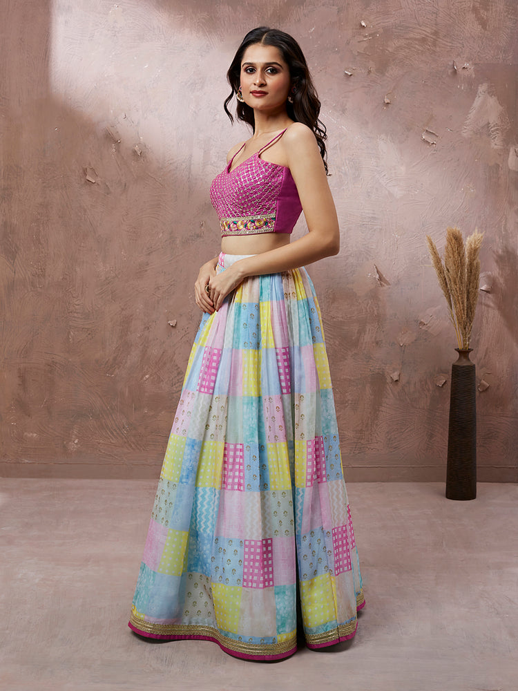 Multicolor Patchwork Printed Lehenga Set with Pink Embellished Blouse