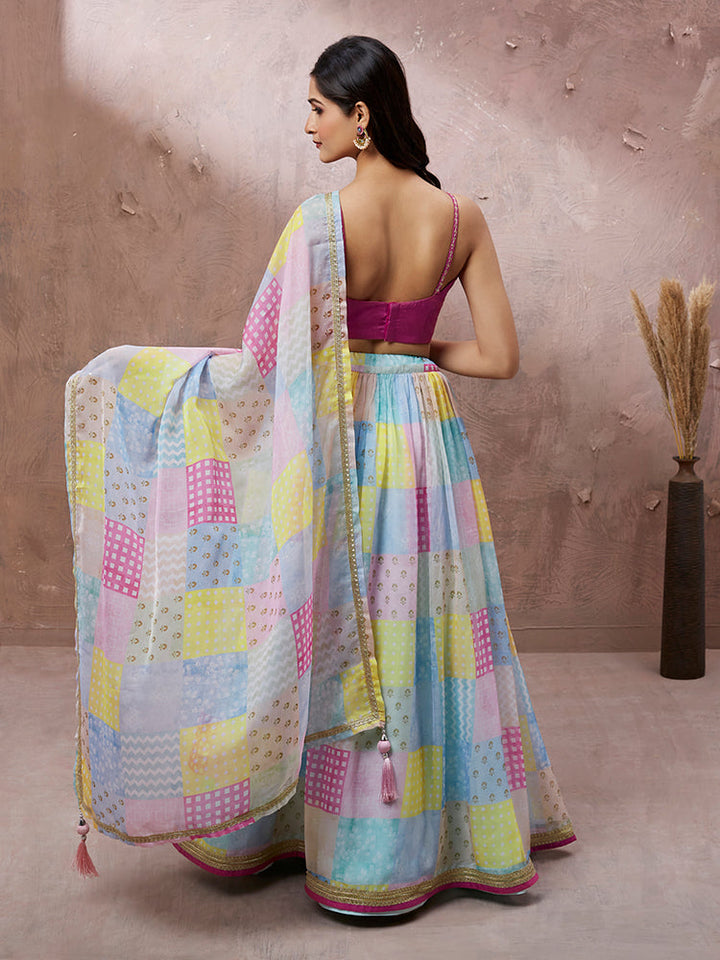 Multicolor Patchwork Printed Lehenga Set with Pink Embellished Blouse