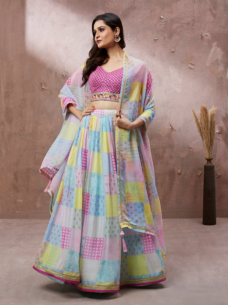 Multicolor Patchwork Printed Lehenga Set with Pink Embellished Blouse