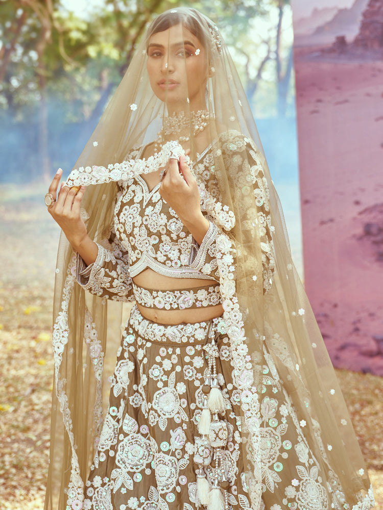 Taupe & Ivory Floral Embroidered Lehenga Set