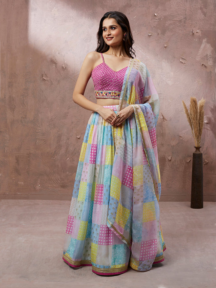 Multicolor Patchwork Printed Lehenga Set with Pink Embellished Blouse
