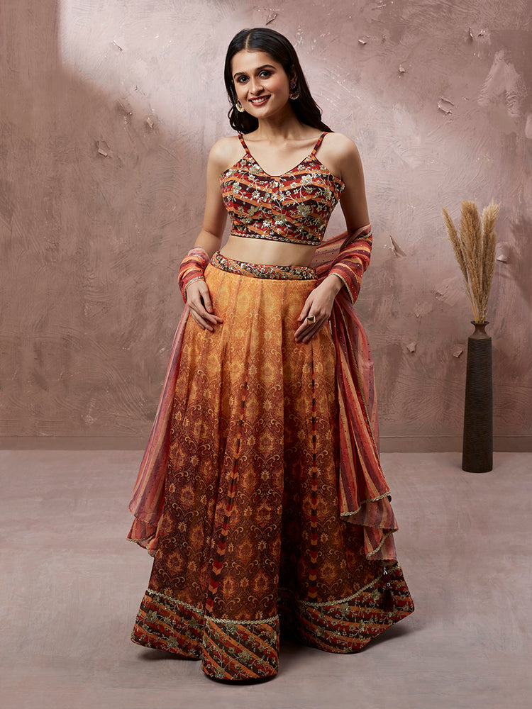 Rust Orange Printed Lehenga Set with Embroidered Blouse
