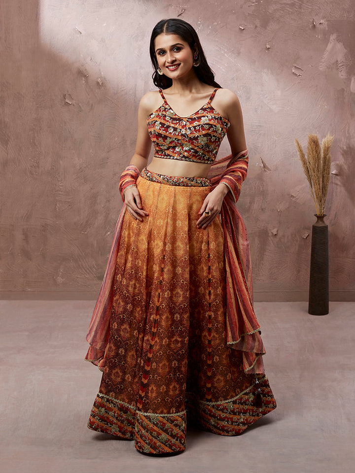 Rust Orange Printed Lehenga Set with Embroidered Blouse
