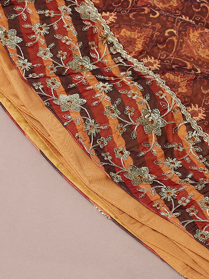 Rust Orange Printed Lehenga Set with Embroidered Blouse