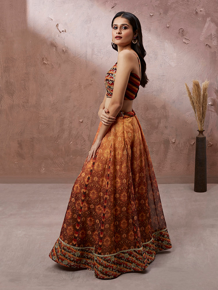 Rust Orange Printed Lehenga Set with Embroidered Blouse