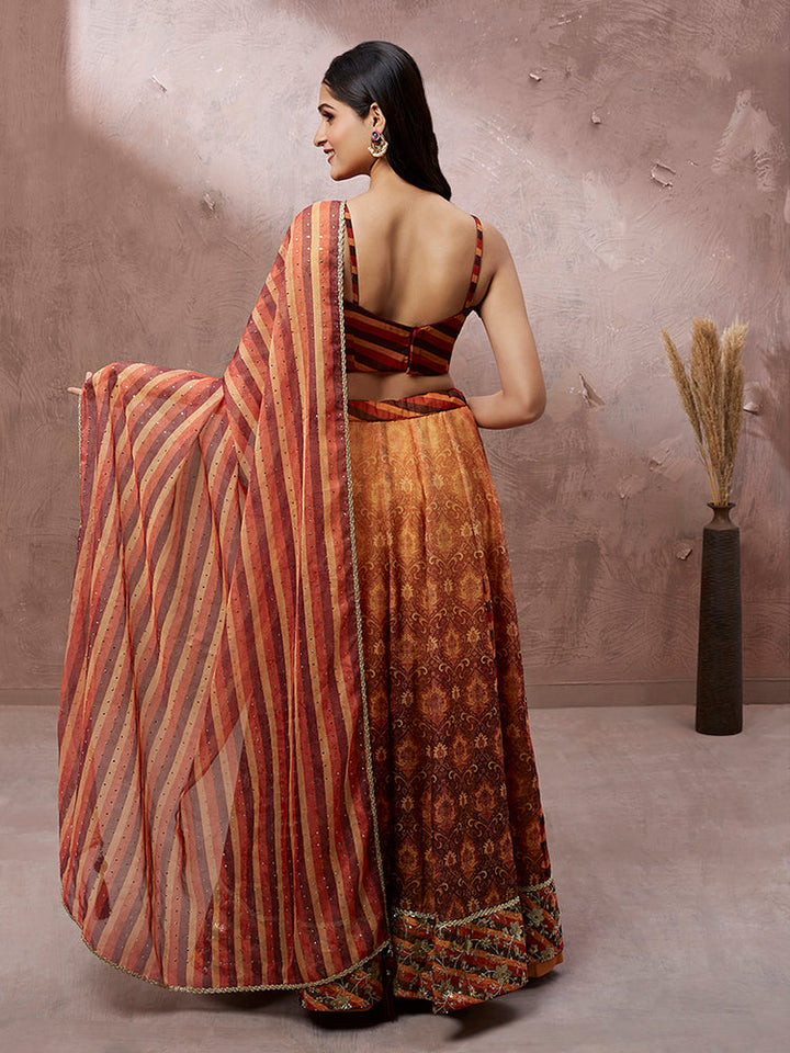 Rust Orange Printed Lehenga Set with Embroidered Blouse