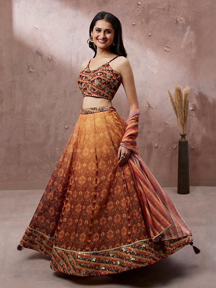 Rust Orange Printed Lehenga Set with Embroidered Blouse