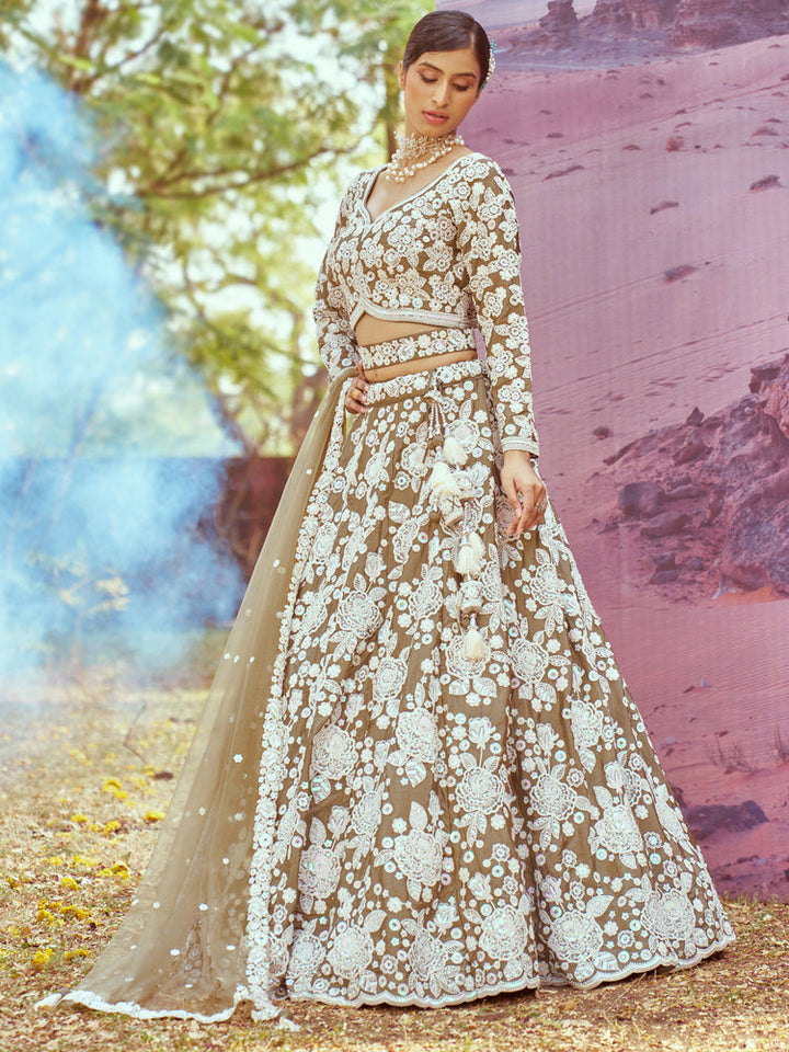 Taupe & Ivory Floral Embroidered Lehenga Set