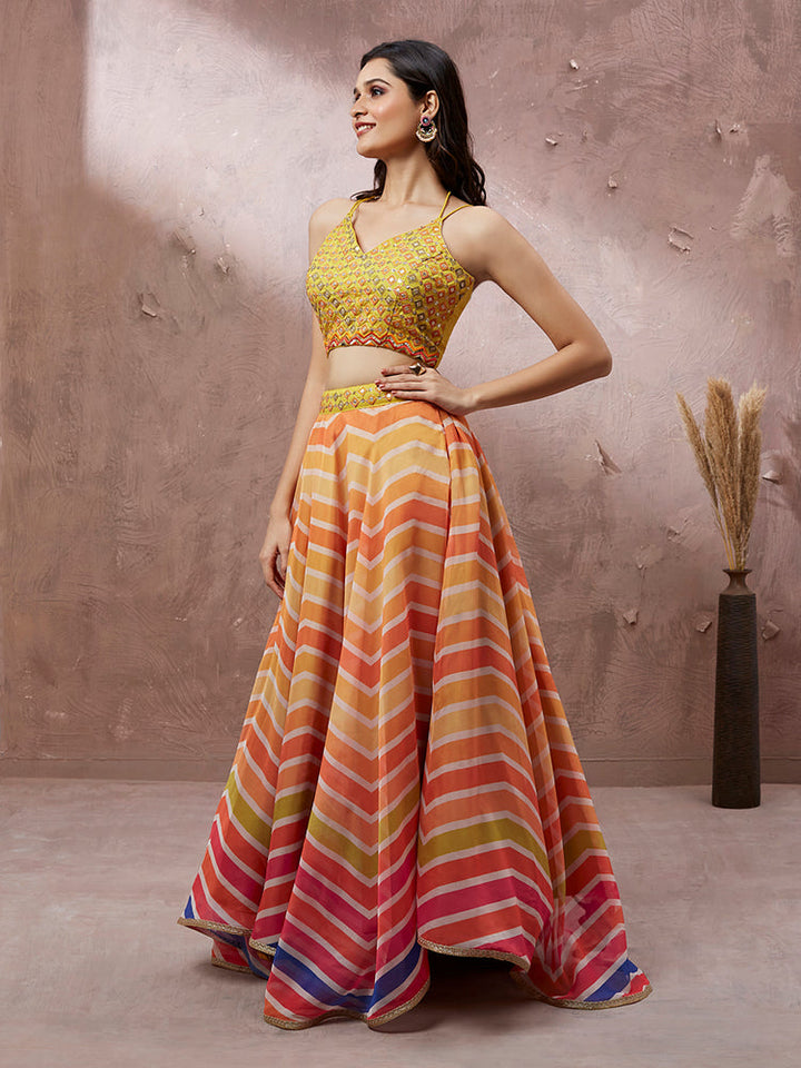 Sunset Orange Chevron Lehenga Set with Embroidered Blouse