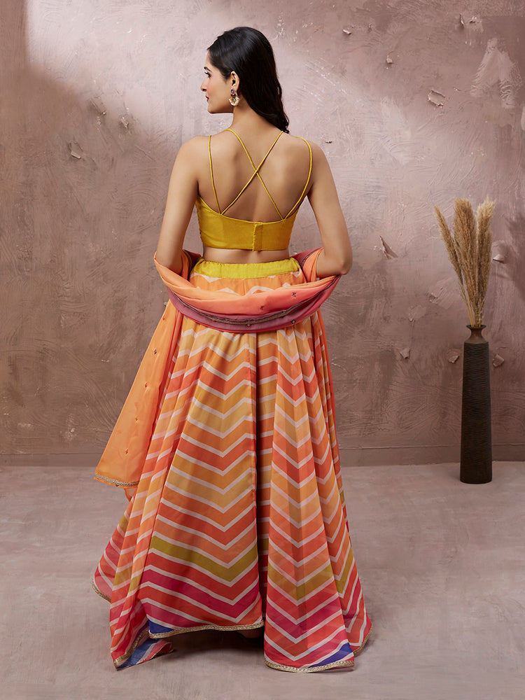 Sunset Orange Chevron Lehenga Set with Embroidered Blouse