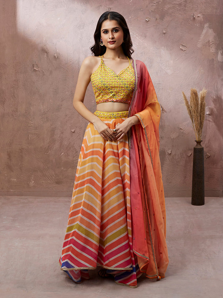 Sunset Orange Chevron Lehenga Set with Embroidered Blouse